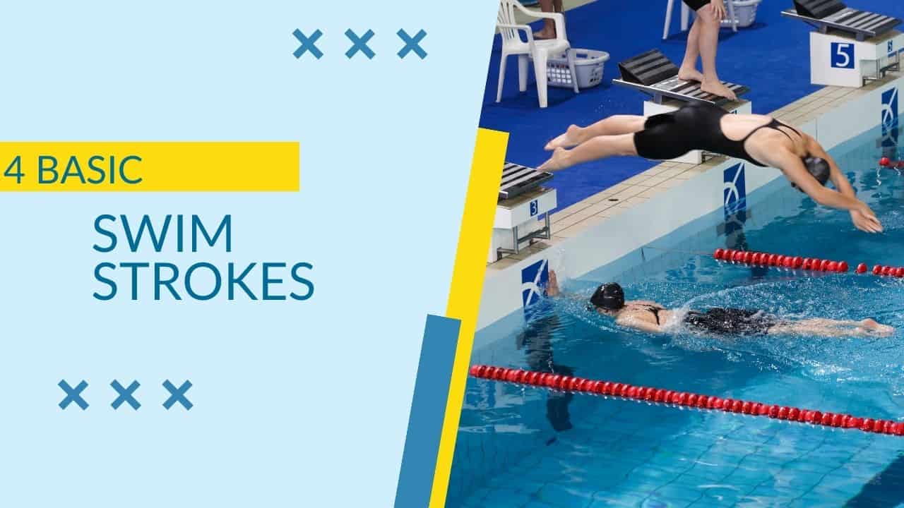 featured image for the 4 basic swim strokes- image of people doing a relay race